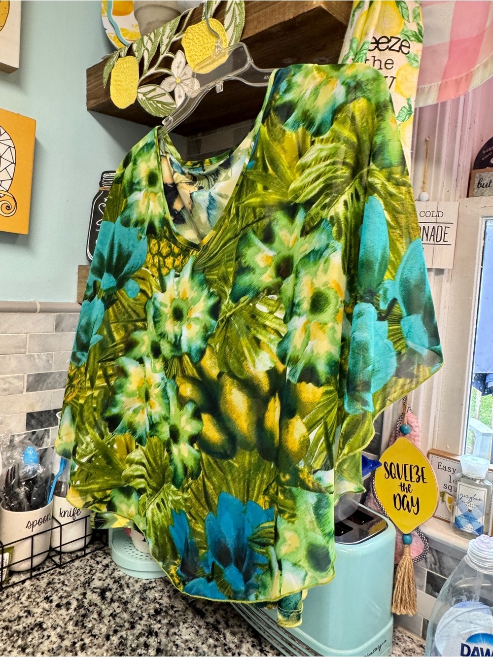 Floral V-Neck Women's Tunic in Green & Teal